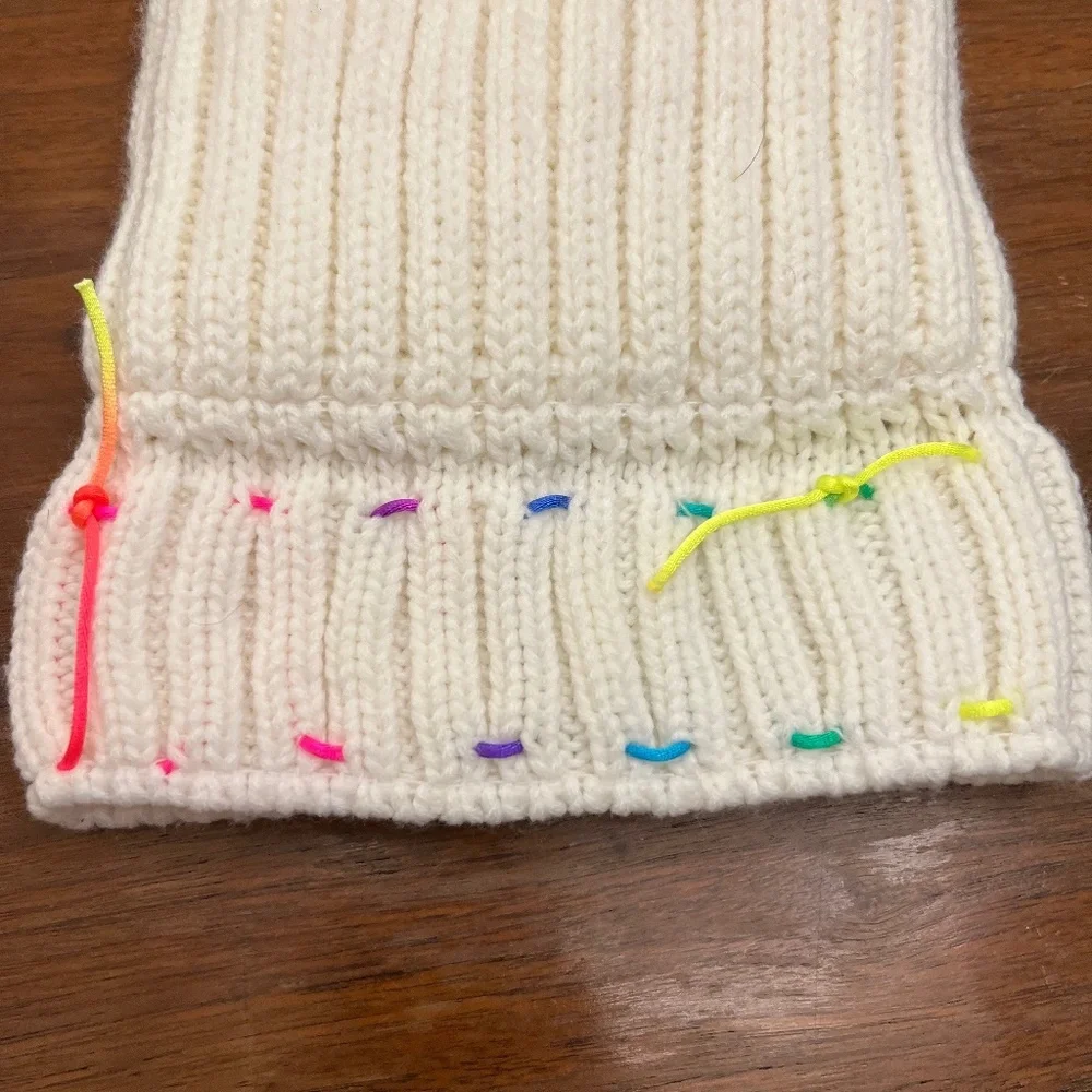 Beanie, white pom fleece lined beanie with colorful‎ stitching